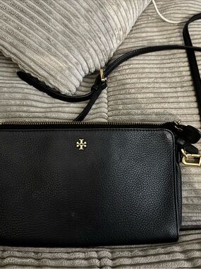 Tory Burch Black Pebbled Leather Double-Zip Crossbody with Gold Hardware